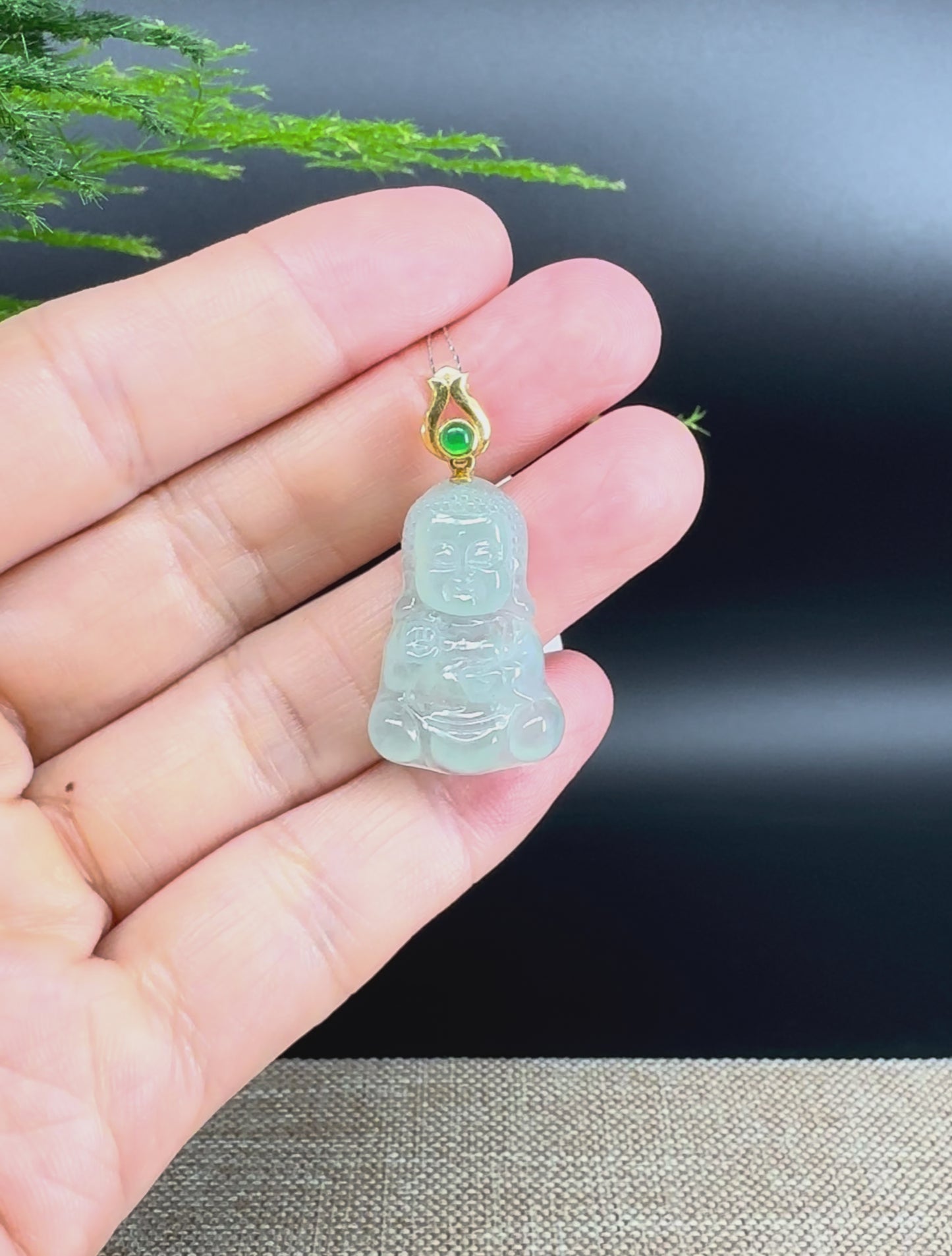 18K Yellow Gold Burmese Icy Green Jadeite Jade Happy Baby Buddha Pendant