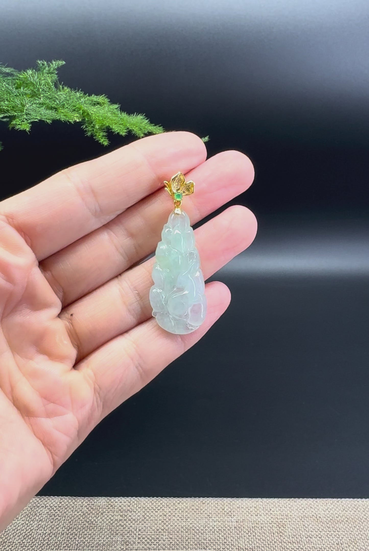 RealJade® Co. Genuine Icy Green Jadeite Jade Nine-Tailed Fox Necklace With 18K Yellow Gold Diamonds Bail