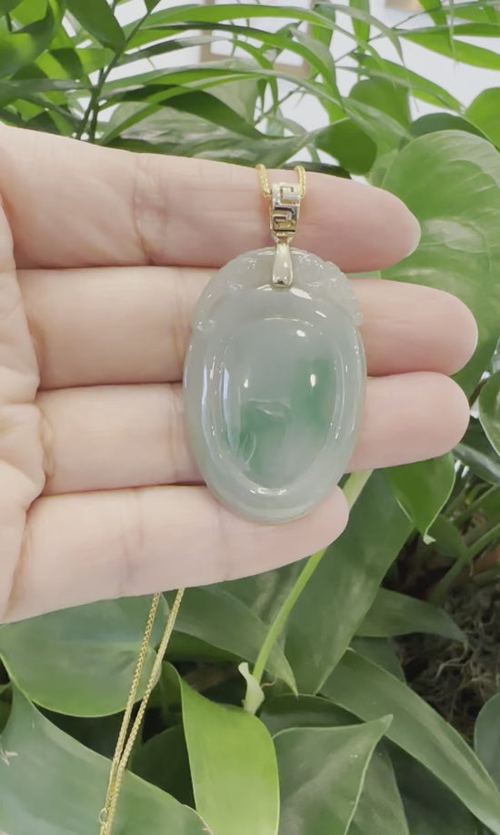 Load and play video in Gallery viewer, RealJade® Natural Green Jadeite Jade Shou Tao ( Longevity Peach ) Necklace With 14k Yellow Gold VS1 Diamond Bail
