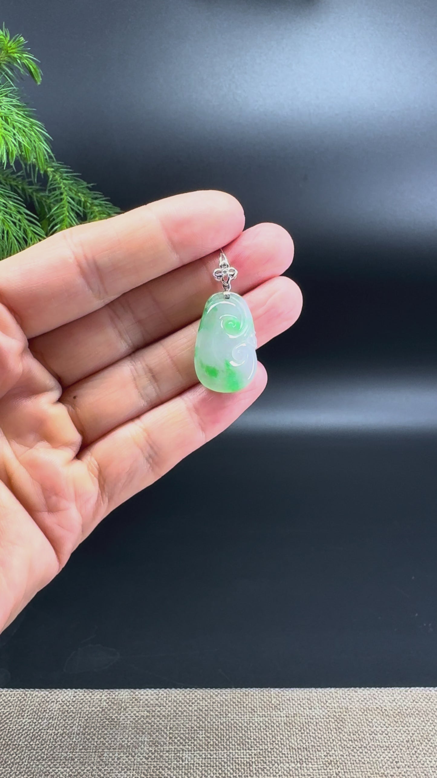 RealJade® Co. Genuine Icy Spicy Green Jadeite Jade Good Luck RuYi  Necklace With 18K White Gold Bail