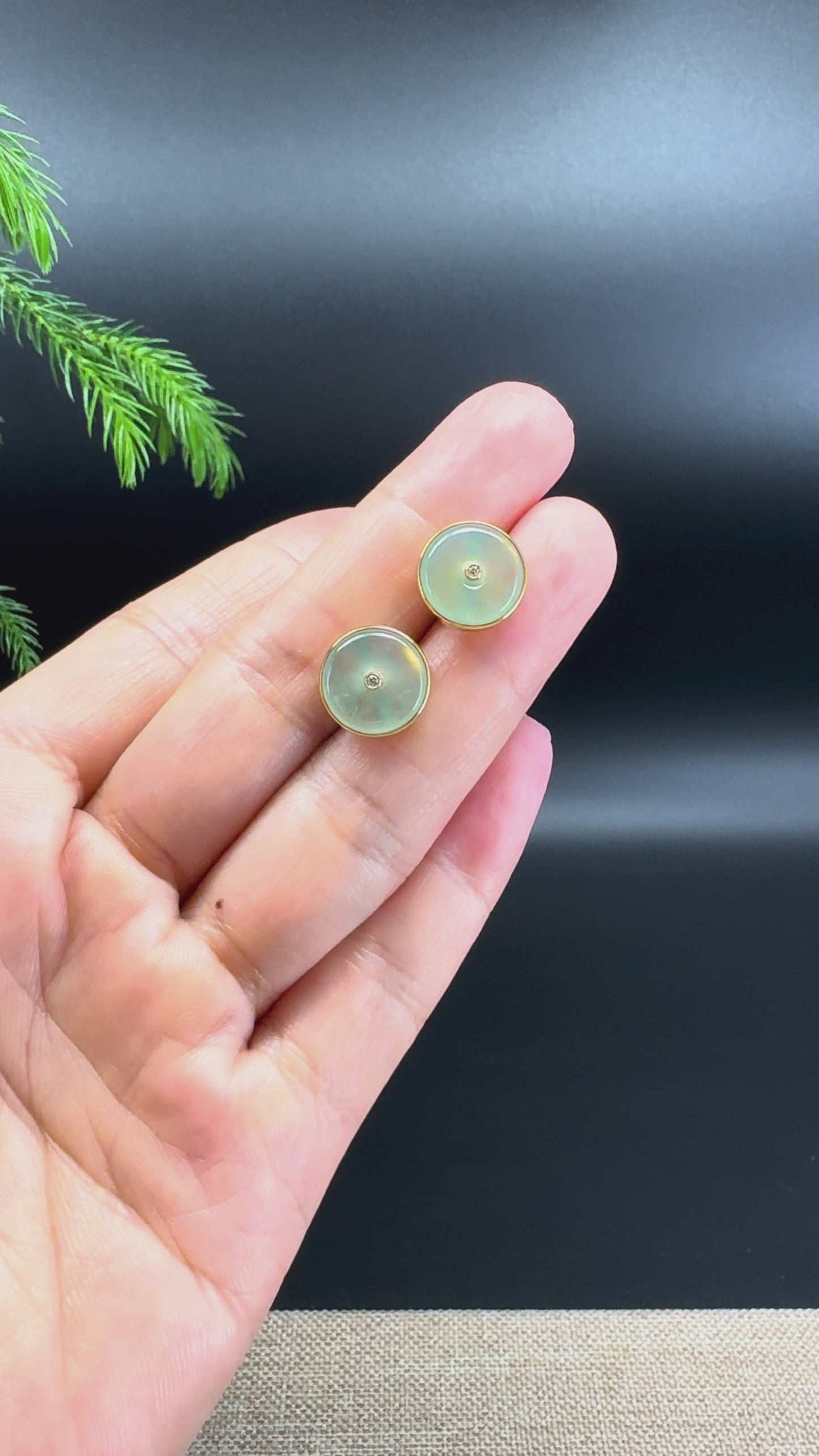 Load and play video in Gallery viewer, 18k Yellow Gold Genuine Light Green Koukou Jadeite Jade Stud Earrings

