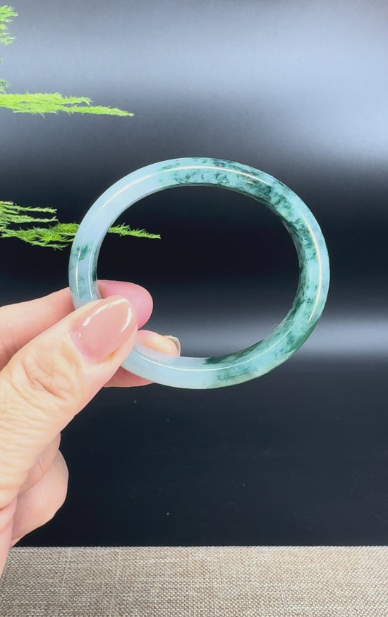 Load and play video in Gallery viewer, Genuine Burmese Blue Flower Jade Jadeite Bangle Bracelet ( 52.2mm*47 )
