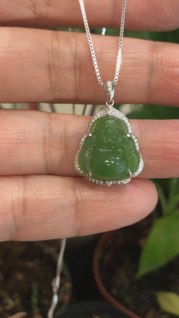 Load and play video in Gallery viewer, RealJade® &amp;quot;Laughing Buddha&amp;quot; 14k White Gold Genuine Nephrite Green Jade with Moissanite
