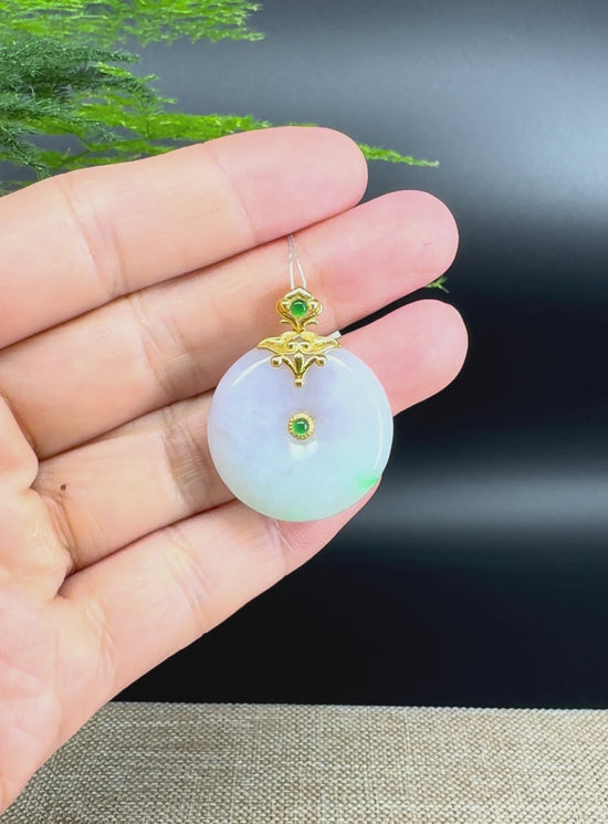 Load and play video in Gallery viewer, &amp;quot;Good Luck Button&amp;quot; Lavender Green Jadeite Jade Lucky KouKou Pendant With 18K Yellow Gold  Bail
