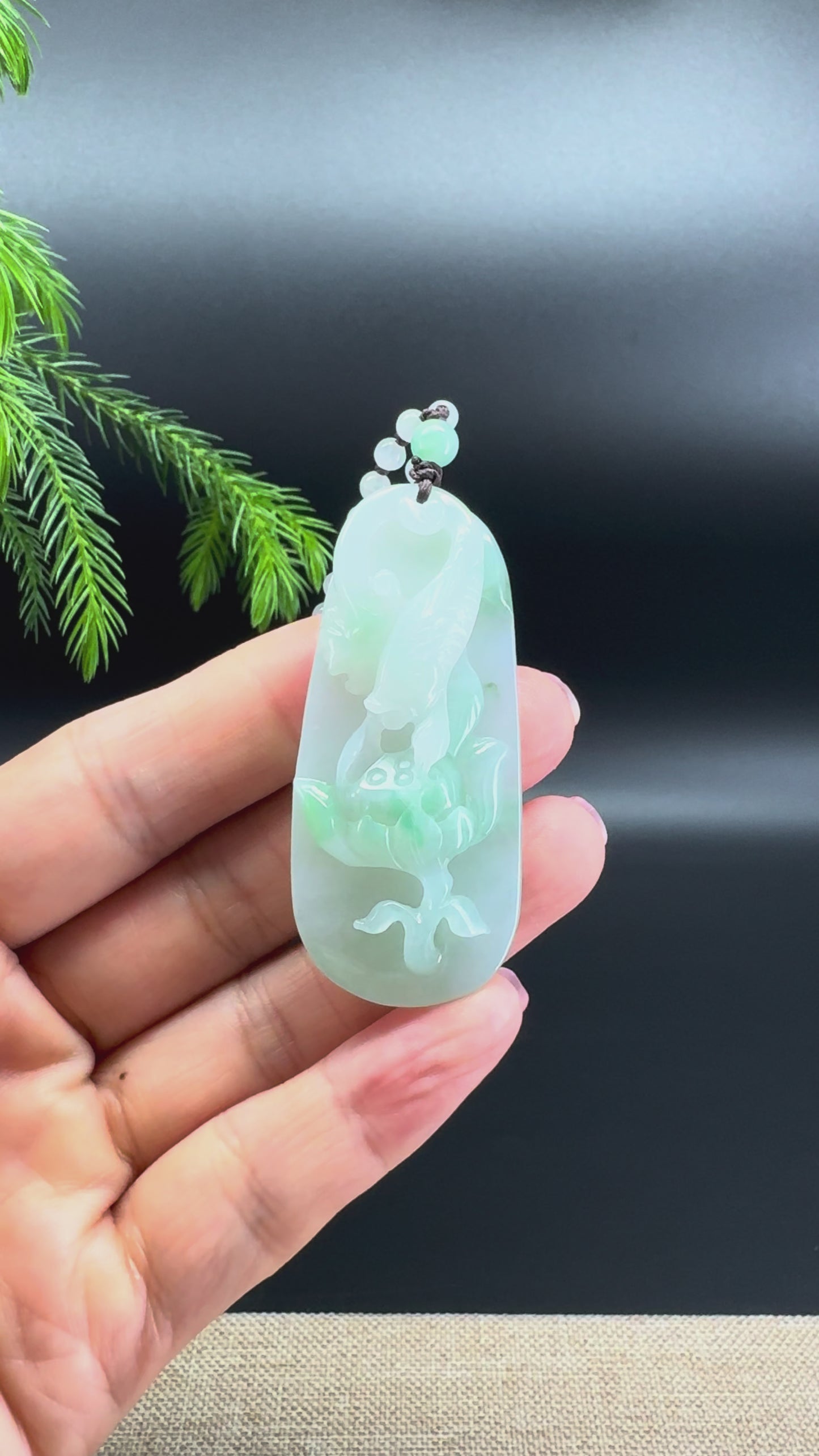 RealJade® Co.  Genuine Burmese Jadeite Jade  Fish and Lotus Pendant Necklace