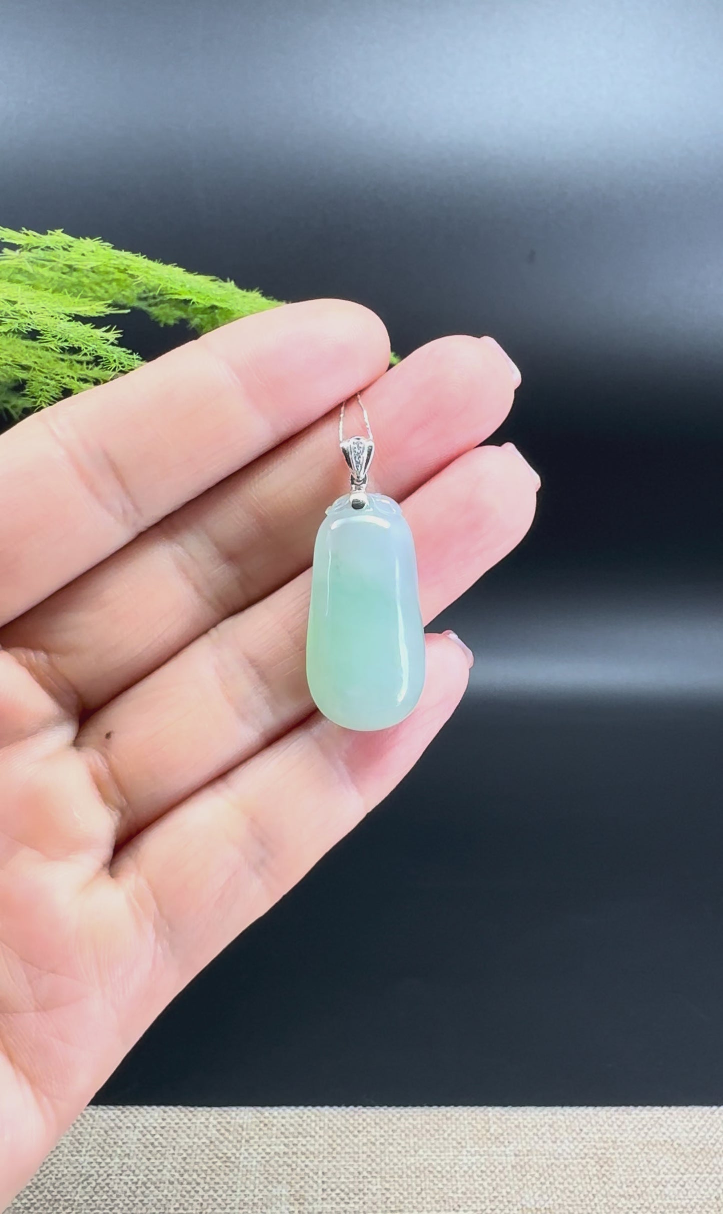 "Good Luck Button" Icy Green Jadeite Jade Shou Tao Pendant With 18K White Gold Bail