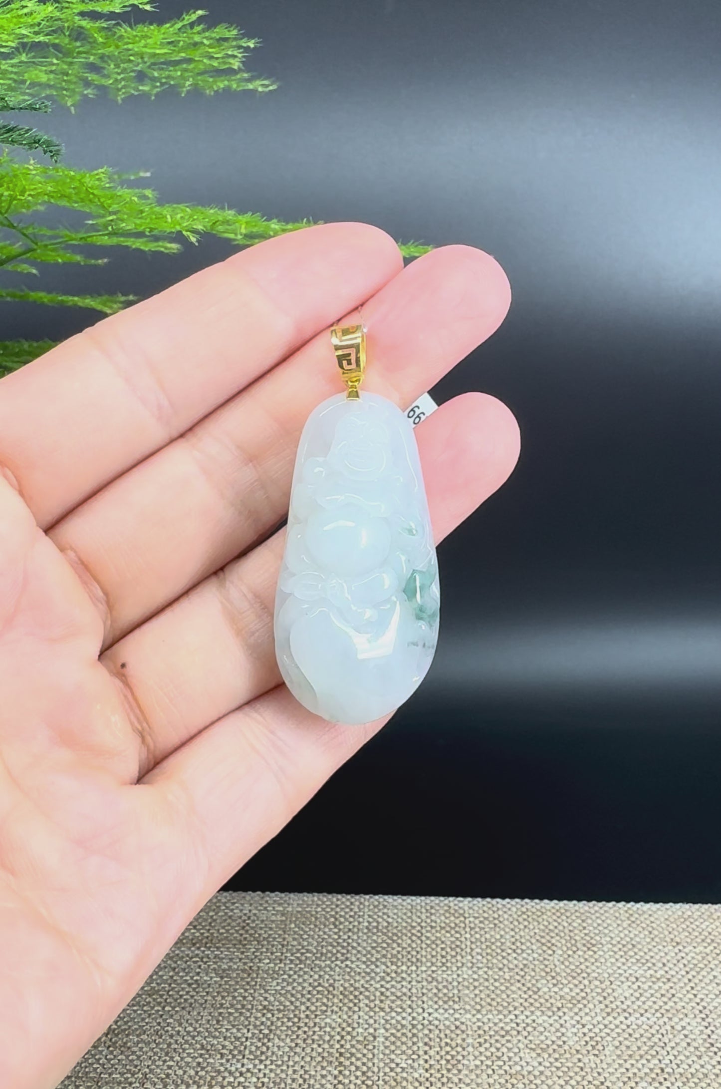 18K Yellow Gold Burmese White Green Jadeite Jade Happy Buddha Pendant