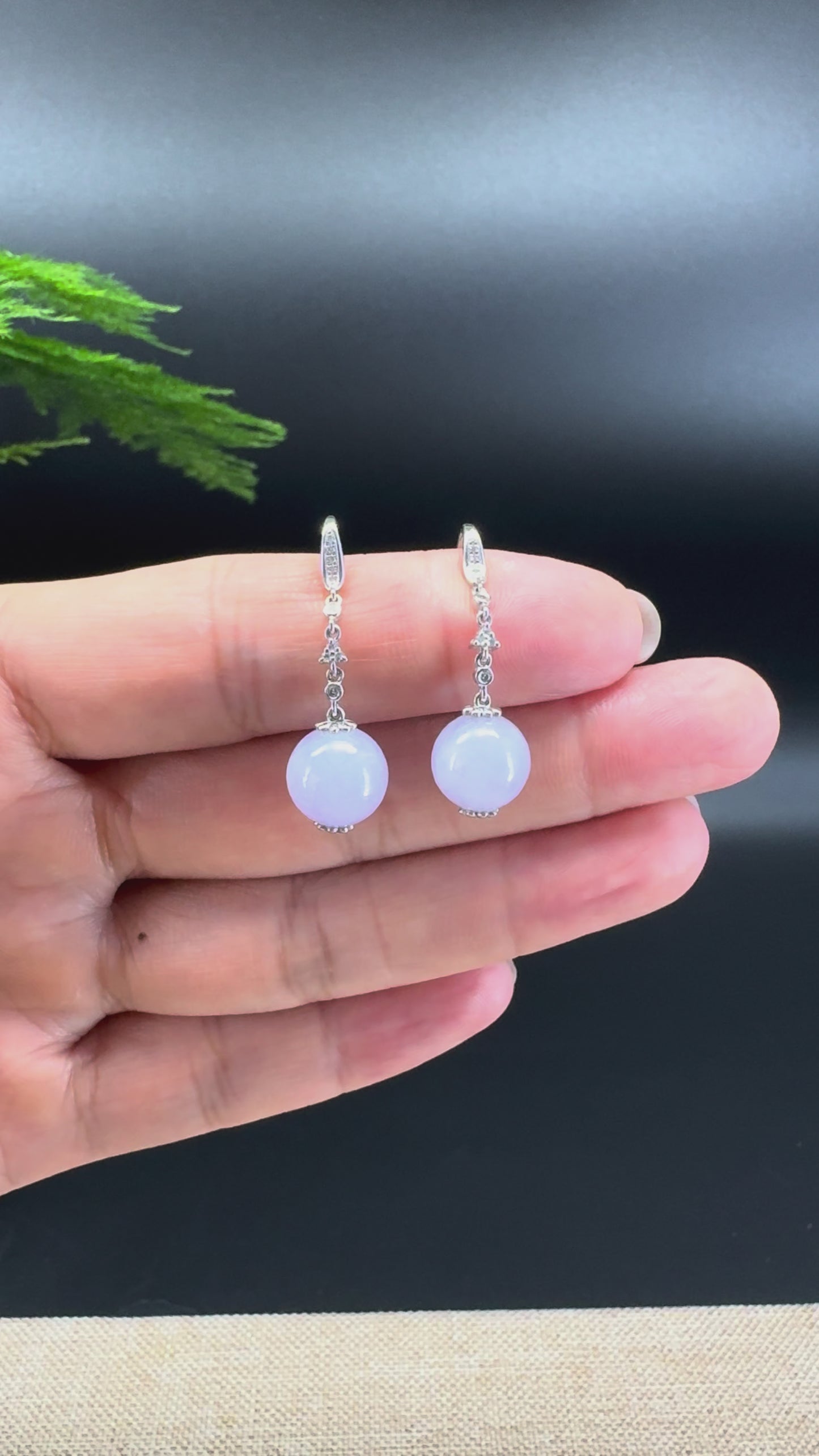 18k White Gold Genuine Lavender Bead Jadeite Jade Diamonds Earrings