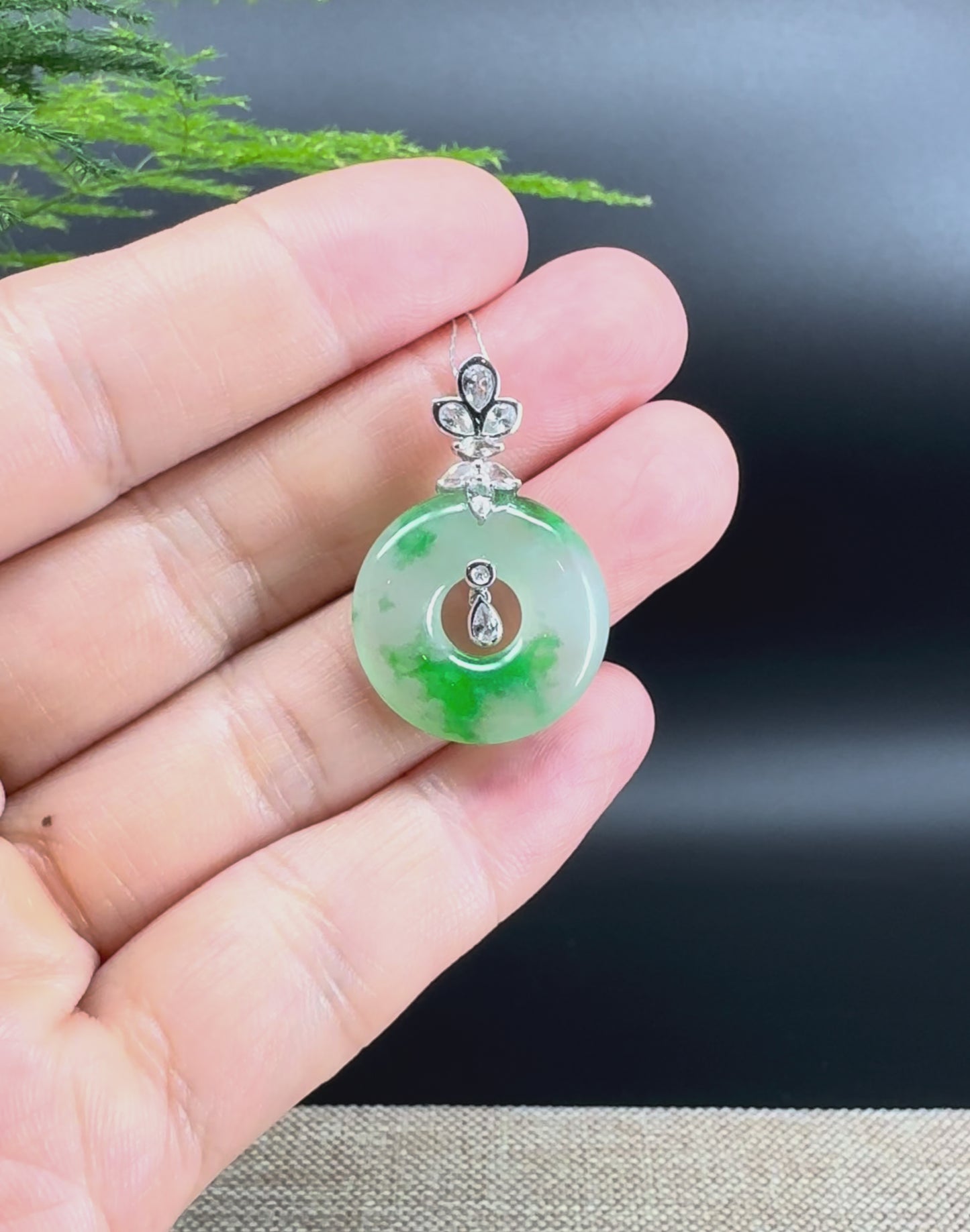 Load and play video in Gallery viewer, &amp;quot;Good Luck Button&amp;quot; Icy Green Jadeite Jade Lucky KouKou Pendant With 18K White Gold Diamond Bail
