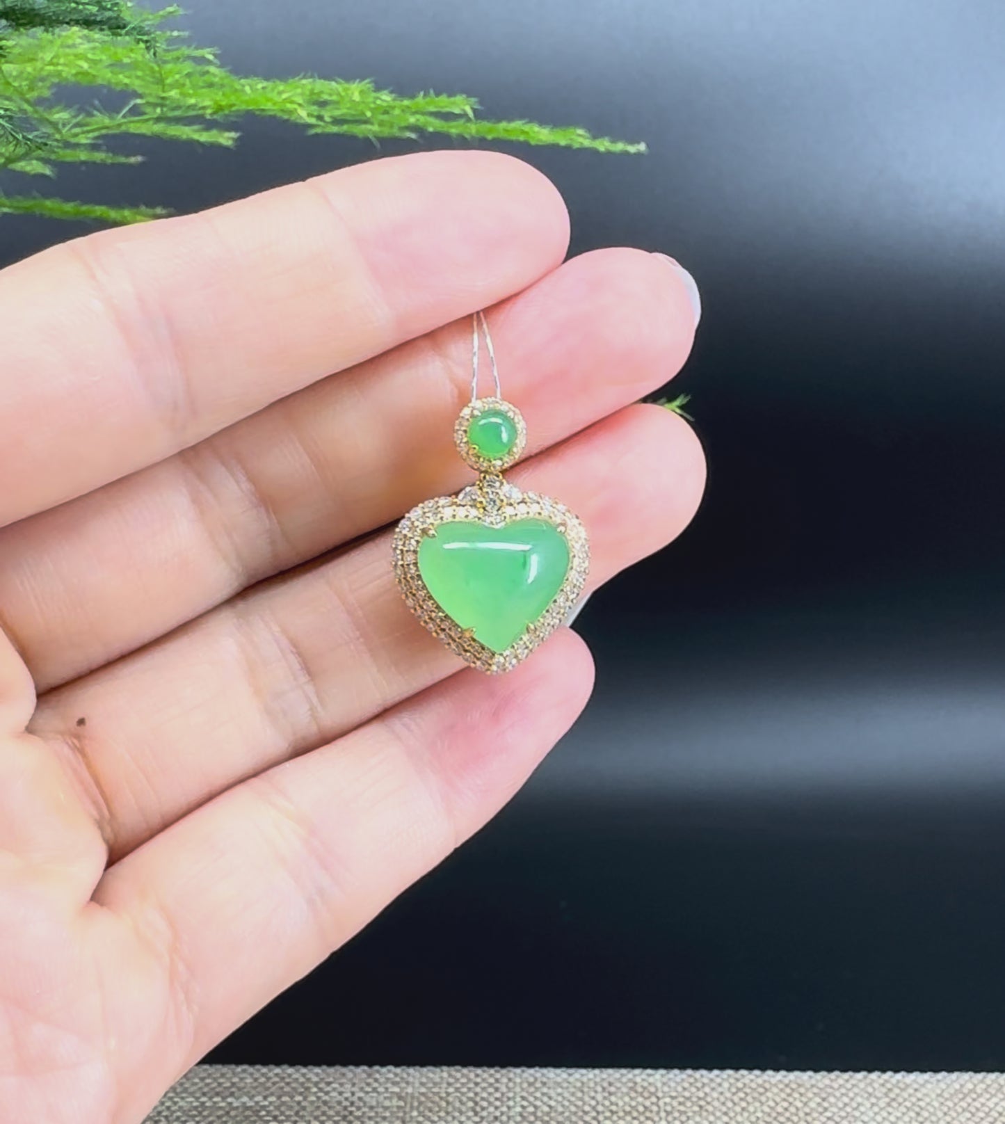 Load and play video in Gallery viewer, RealJade® Co. 18K Yellow Gold Genuine Burmese Imperial Jadeite Heart Pendant with Diamonds High Jewelry
