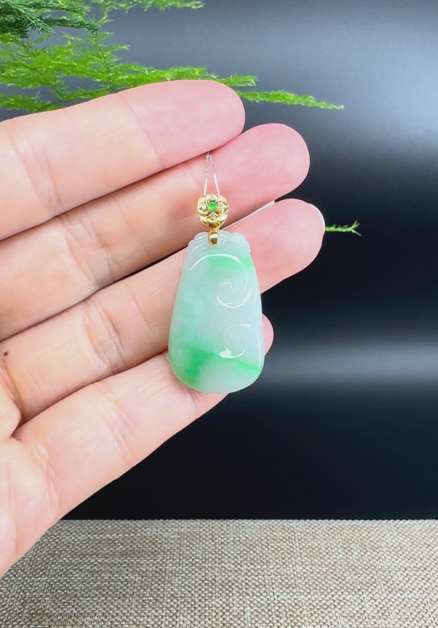 RealJade® Co. Genuine Icy Green Jadeite Jade Good Luck RuYi Necklace With 18K Yellow Gold Bail