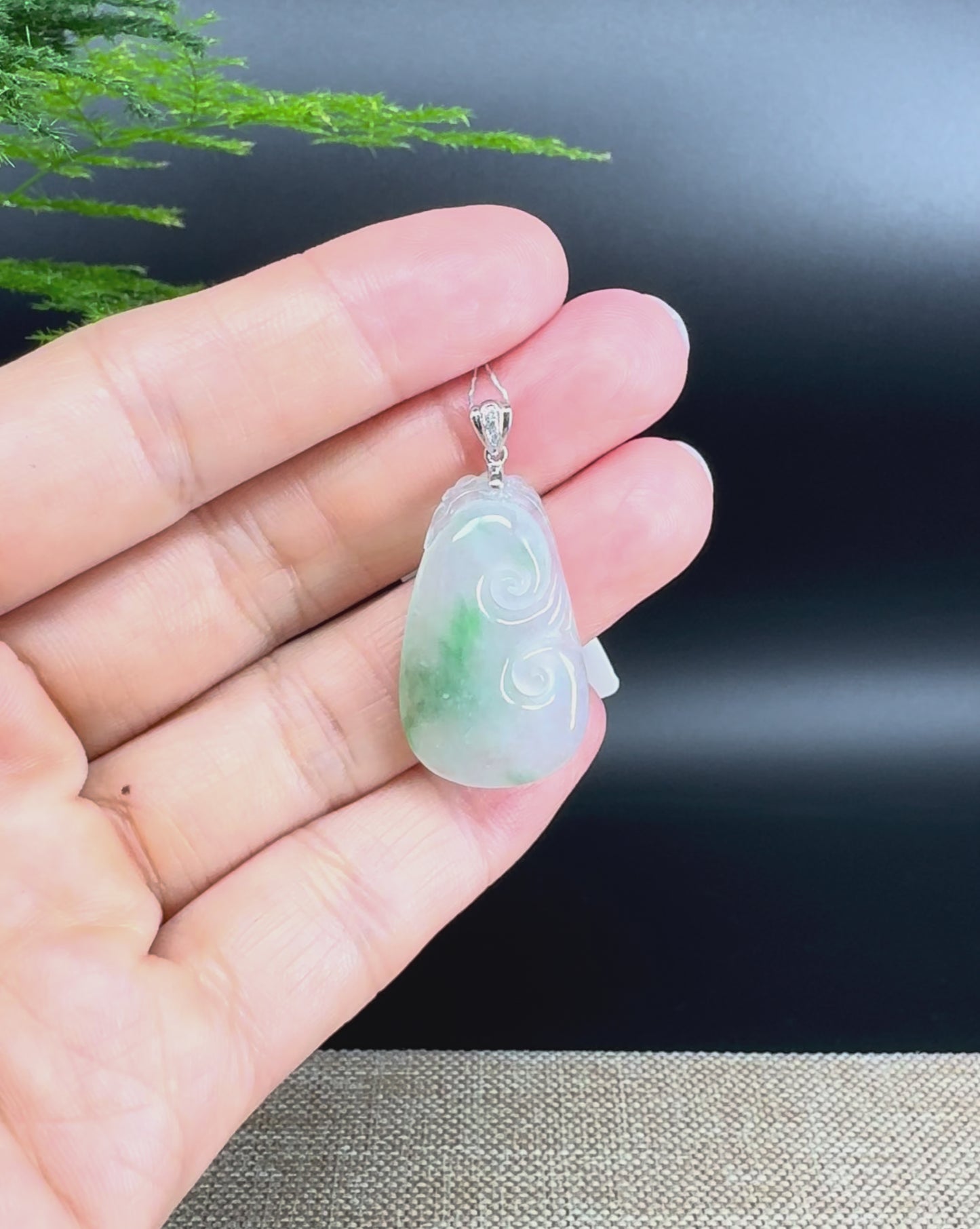 Load and play video in Gallery viewer, RealJade® Co. Genuine Icy Green Jadeite Jade Good Luck RuYi Necklace With 18K  White Gold Bail
