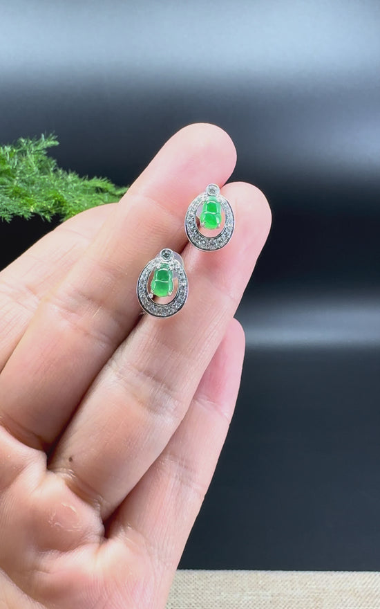 Load and play video in Gallery viewer, RealJade® 18k White Gold Real Imperial Green Jadeite Jade Hulu Earrings with Diamonds
