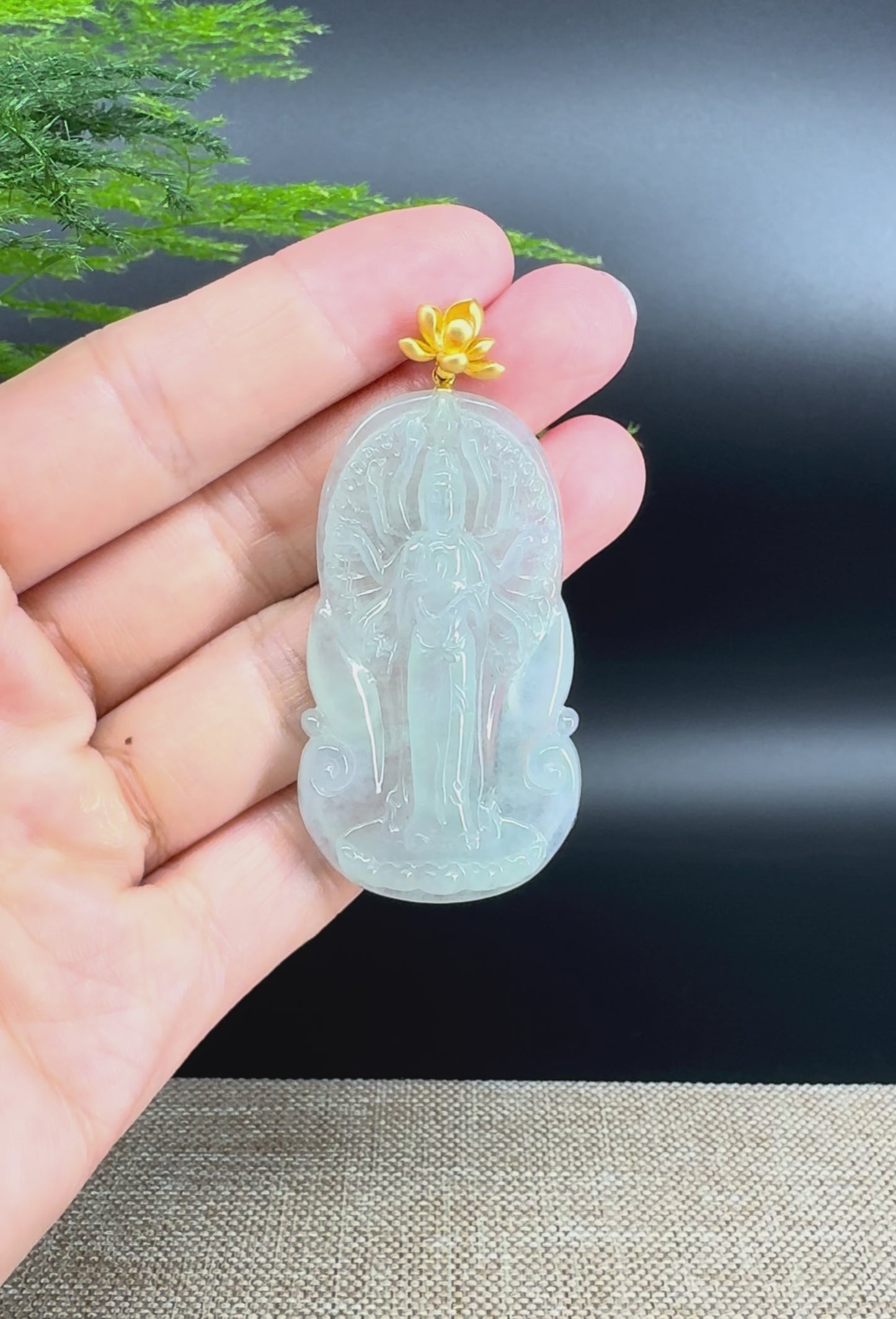Load and play video in Gallery viewer, RealJadeCo. 18K Yellow Gold &amp;amp; Genuine Ice Jadeite Thousand-Hand Guanyin Pendant Necklace
