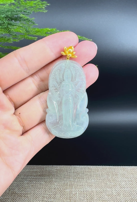 Load and play video in Gallery viewer, RealJadeCo. 18K Yellow Gold &amp;amp; Genuine Ice Jadeite Thousand-Hand Guanyin Pendant Necklace
