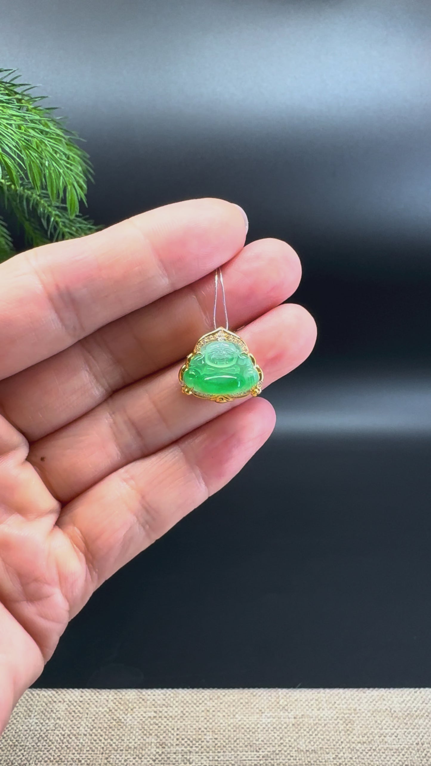 18K Yellow Gold Burmese Icy Green Jadeite Jade Mini Happy Buddha Pendant