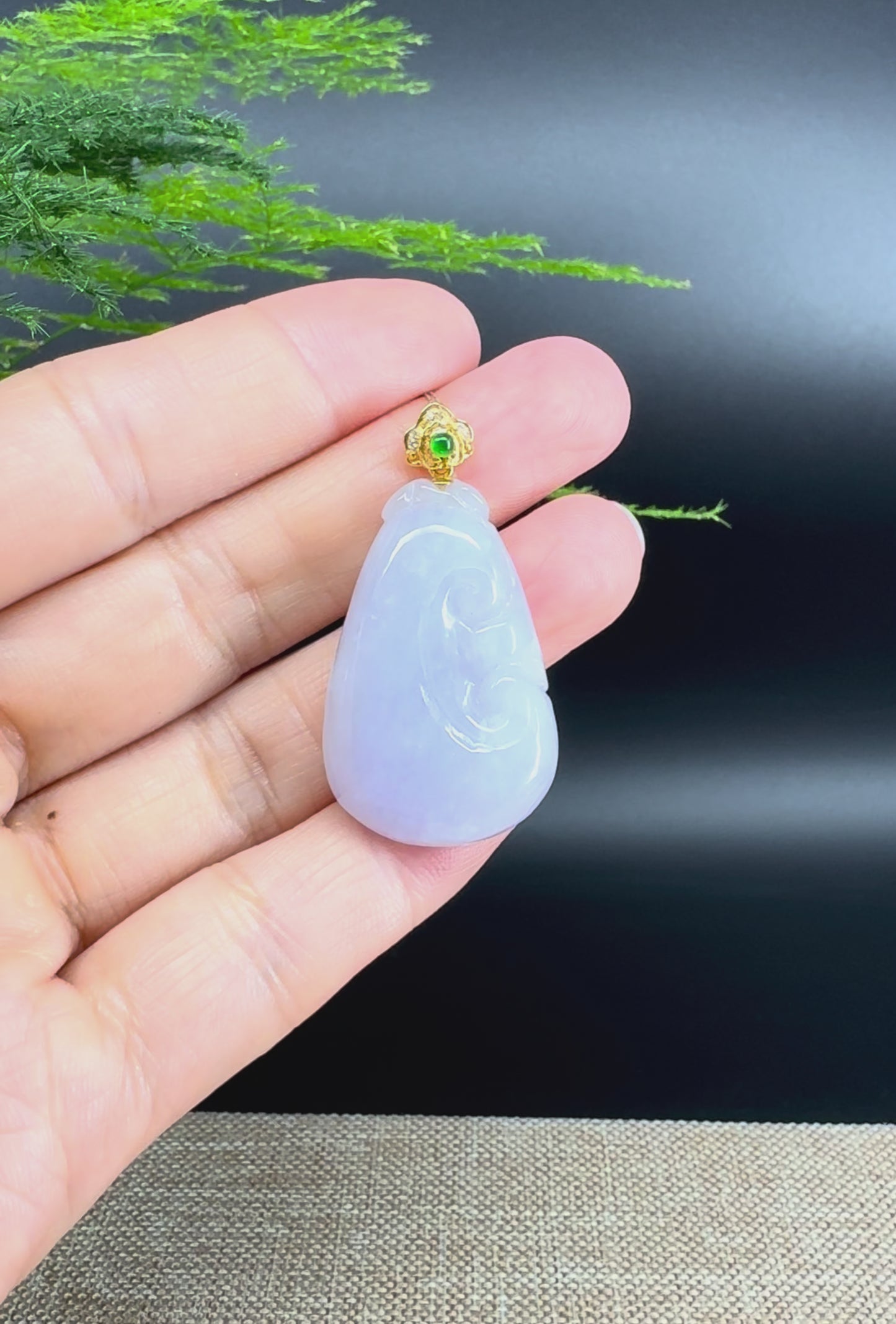 RealJade® Co. Genuine Lavender Jadeite Jade Good Luck RuYi Necklace With 18K Yellow Gold Bail