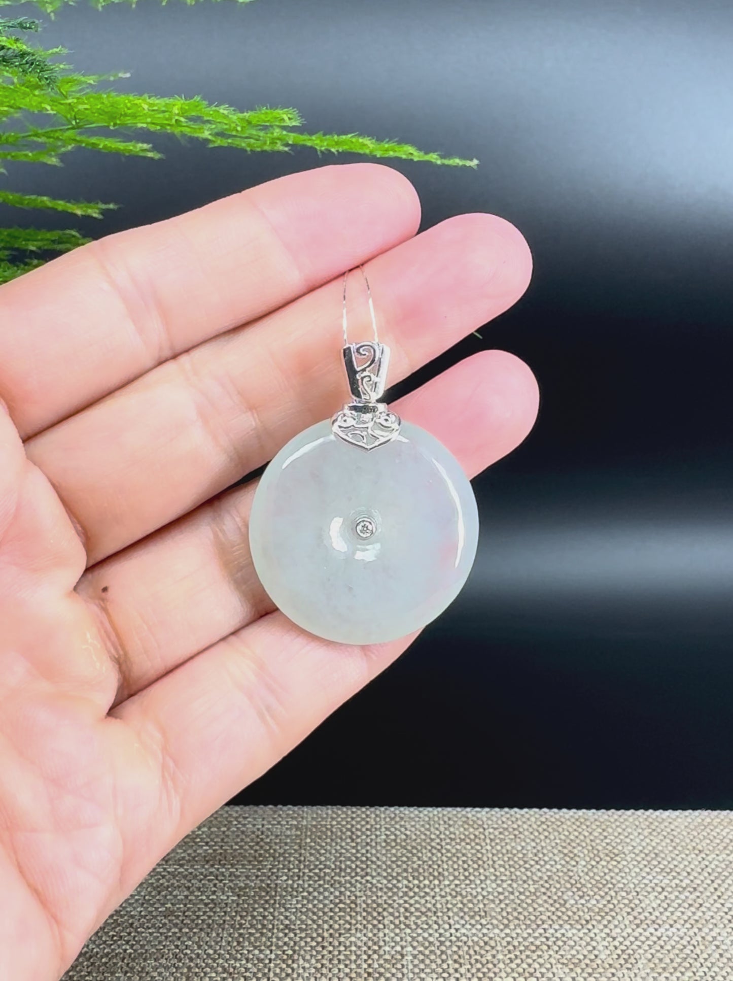 "Good Luck Button" Icy Jadeite Jade Lucky KouKou Pendant With 18K White Gold Bail
