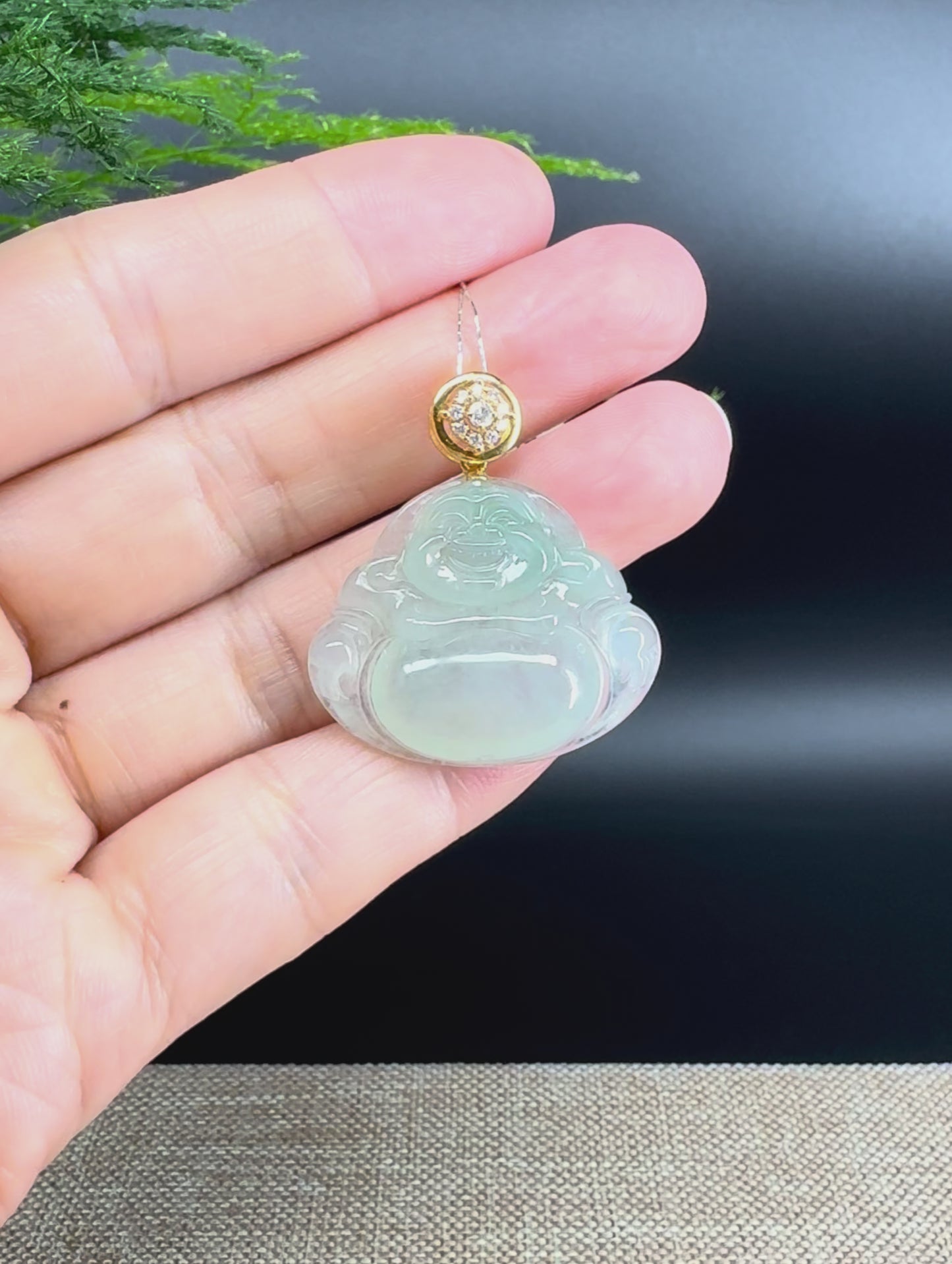 Load and play video in Gallery viewer, 18K Yellow Gold Burmese Icy Green Jadeite Jade Happy Buddha Pendant
