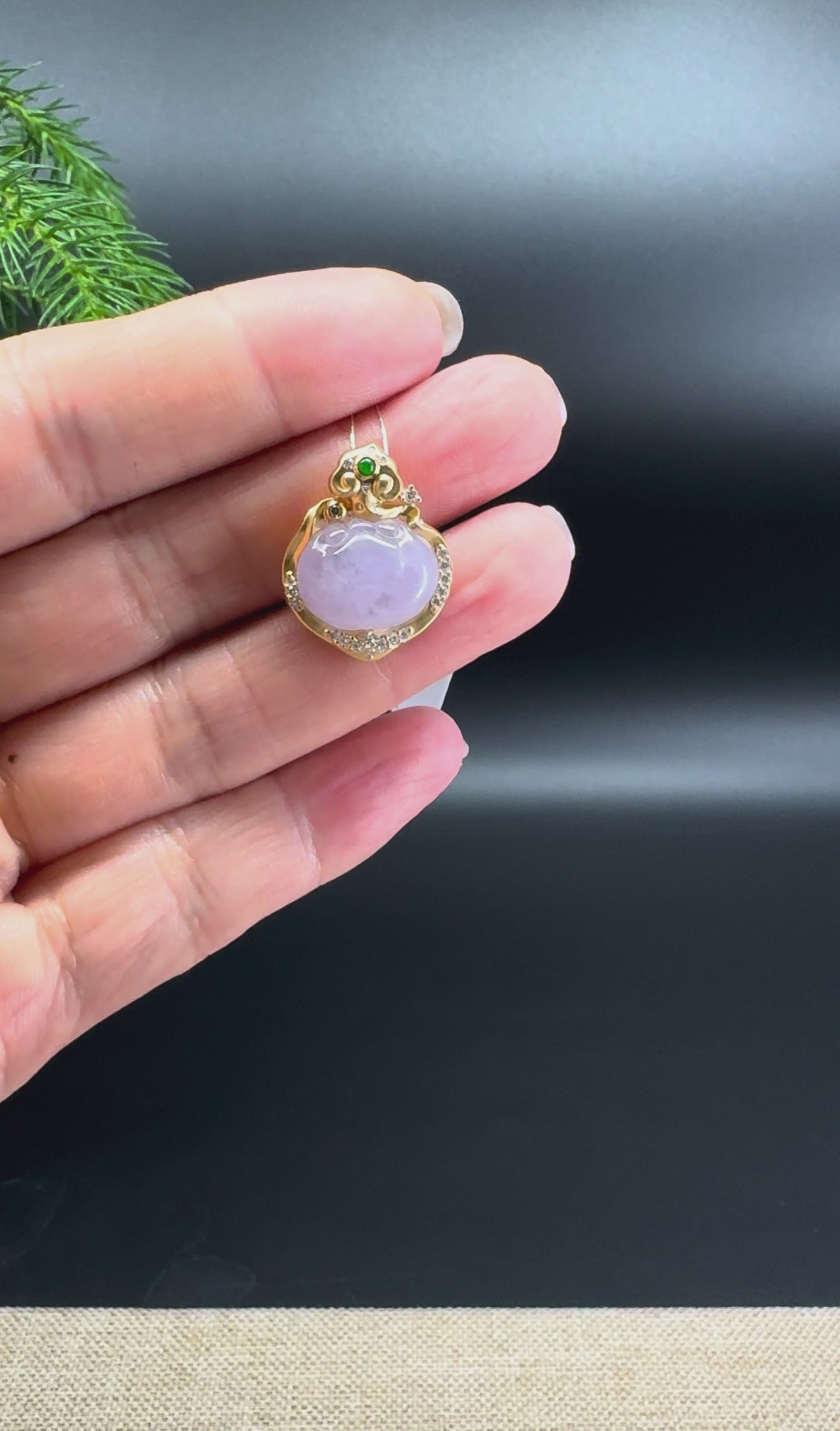 Load and play video in Gallery viewer, &amp;quot;Good Luck Button&amp;quot; Lavender Jadeite Jade Lucky KouKou Pendant With 18K Yellow Gold Diamonds Bail
