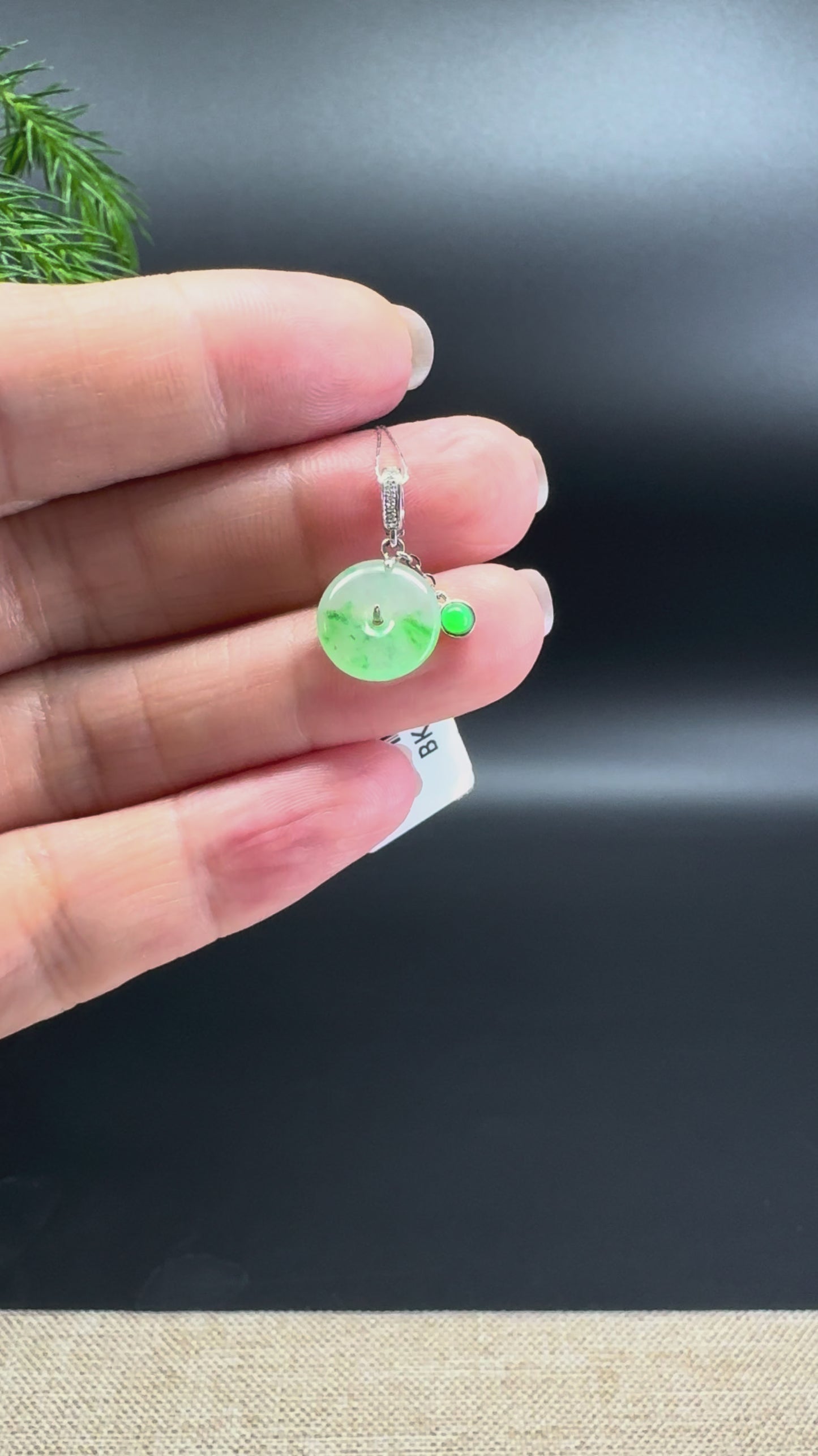Load and play video in Gallery viewer, &amp;quot;Good Luck Button&amp;quot; Icy Green Flower Jadeite Jade Mini KouKou Pendant With 18K White Gold Bail
