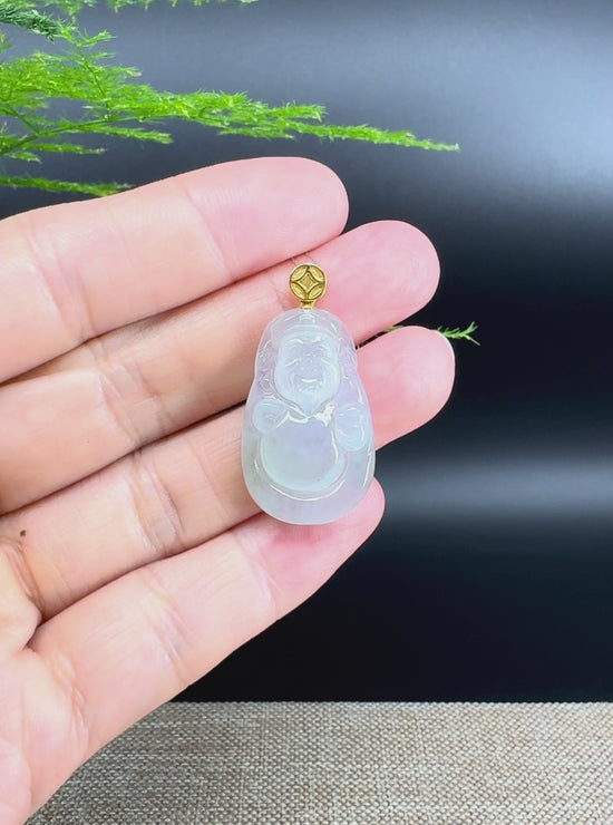 Load and play video in Gallery viewer, Burmese Icy Jadeite Jade Money Saint Pendant With 18K Yellow Gold Money Bail
