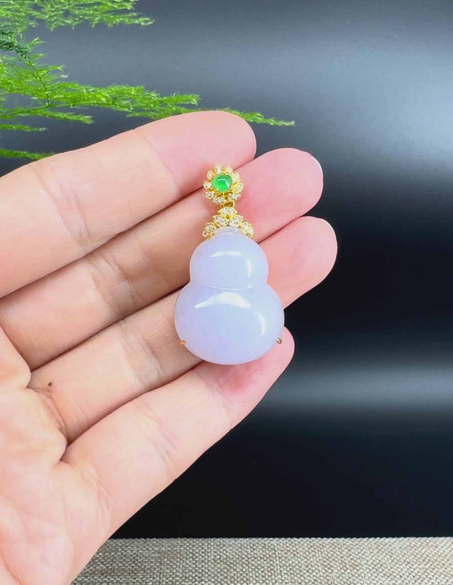 Load and play video in Gallery viewer, RealJade® Co. Genuine Icy Lavender  Jadeite Jade Good Luck Hulu Necklace With 18K Yellow Gold Bail And Diamonds
