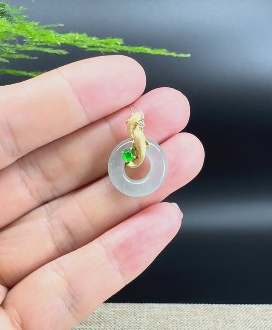 Load and play video in Gallery viewer, &amp;quot;Good Luck Button&amp;quot;Icy Jadeite Jade Lucky KouKou Pendant With 18K Yellow Gold Diamonds Bail
