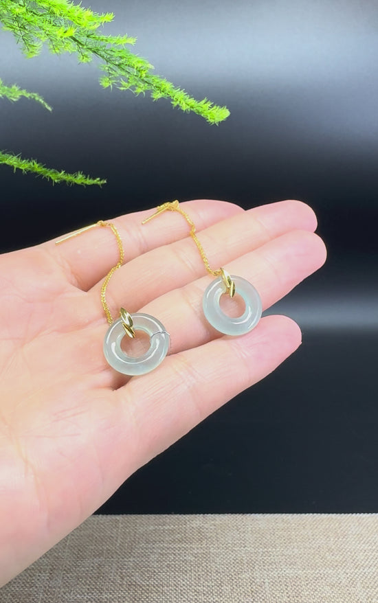 Load and play video in Gallery viewer, 18k Yellow Gold Genuine Icy Green Jadeite Jade Earrings
