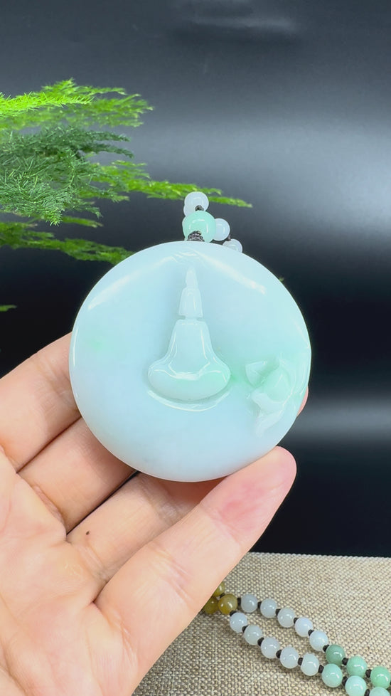 Load and play video in Gallery viewer, RealJade® Co. Genuine Burmese Jadeite Jade White Green Guanyin Pendant Necklace
