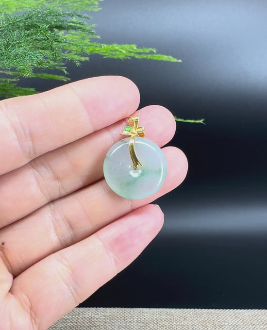 Load and play video in Gallery viewer, &amp;quot;Good Luck Button&amp;quot;Icy Green Jadeite Jade Lucky KouKou Pendant With 18K Yellow Gold Bail

