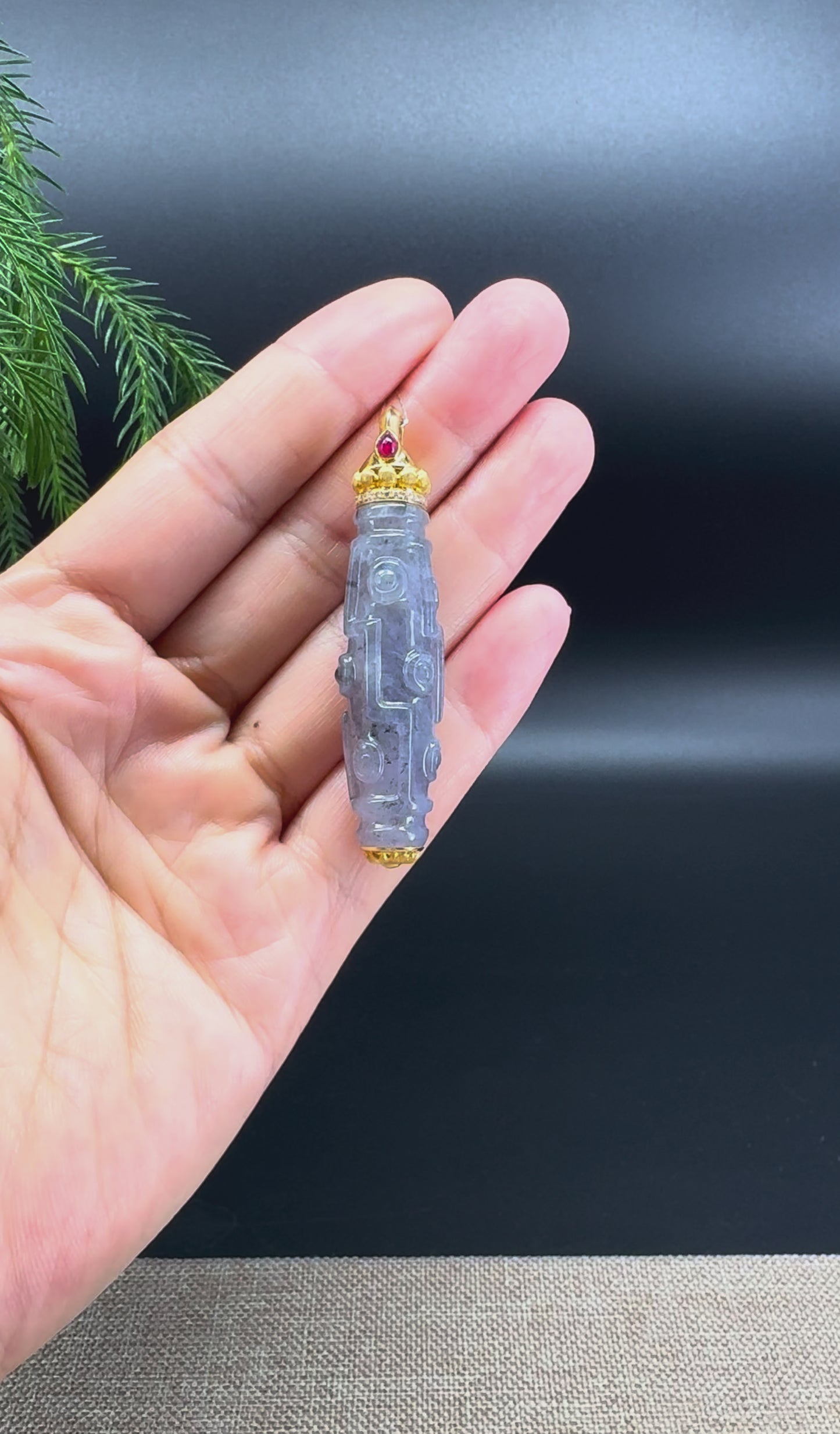 18k Yellow Gold Genuine Wuji Jadeite Jade 9-Eyed Dzi Bead Pendant With Diamonds