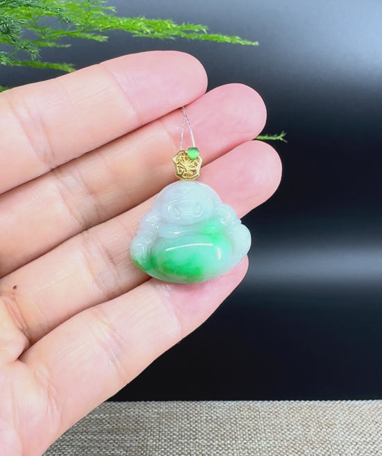 Load and play video in Gallery viewer, 18K Yellow Gold Burmese Green Jadeite Jade Happy Buddha Pendant
