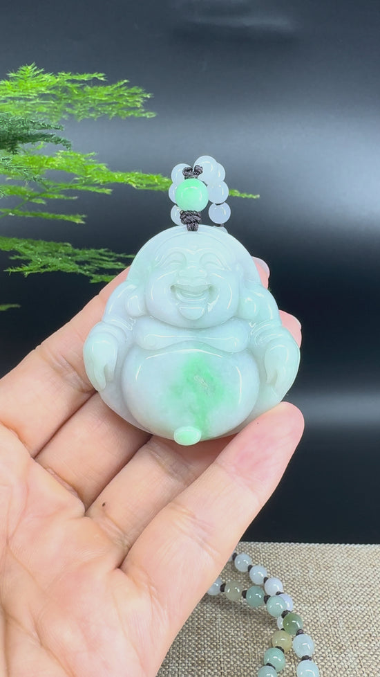 Load and play video in Gallery viewer, RealJade® Co.  Genuine Burmese Jadeite Jade White Green Happy Buddha  Pendant Necklace
