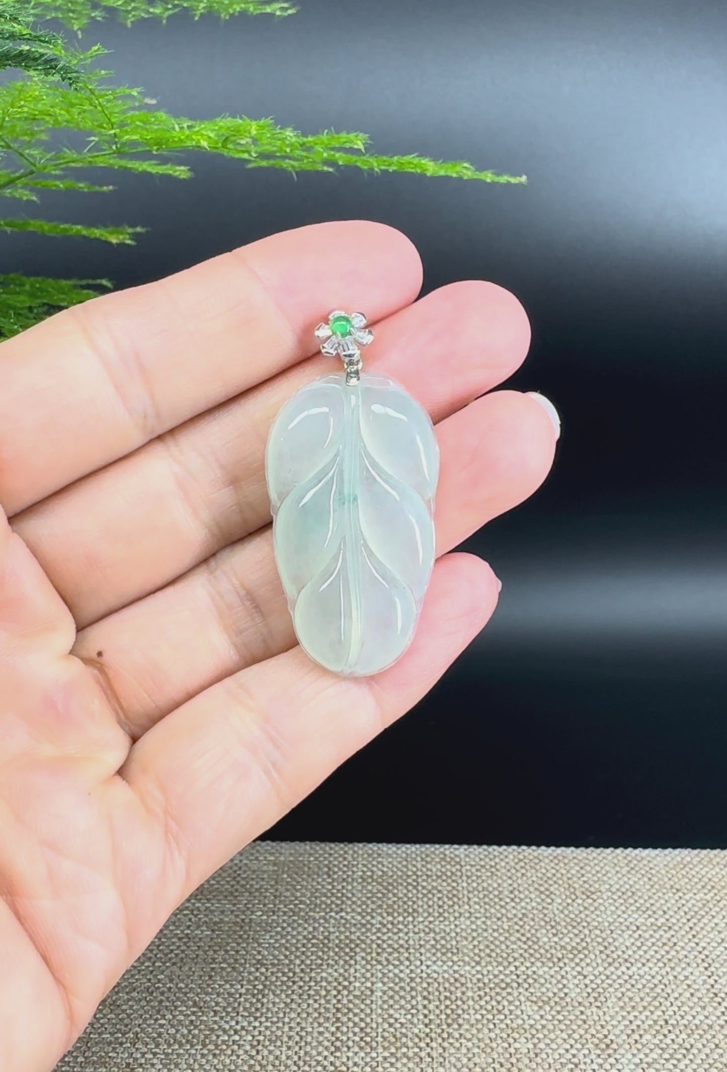 RealJade® Co. Genuine Ice Green Jadeite Jade Jin Zhi Yu Ye (Leaf) Necklace With 18K White Gold Bail