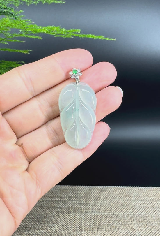 Load and play video in Gallery viewer, RealJade® Co. Genuine Ice Green Jadeite Jade Jin Zhi Yu Ye (Leaf) Necklace With 18K White Gold Bail
