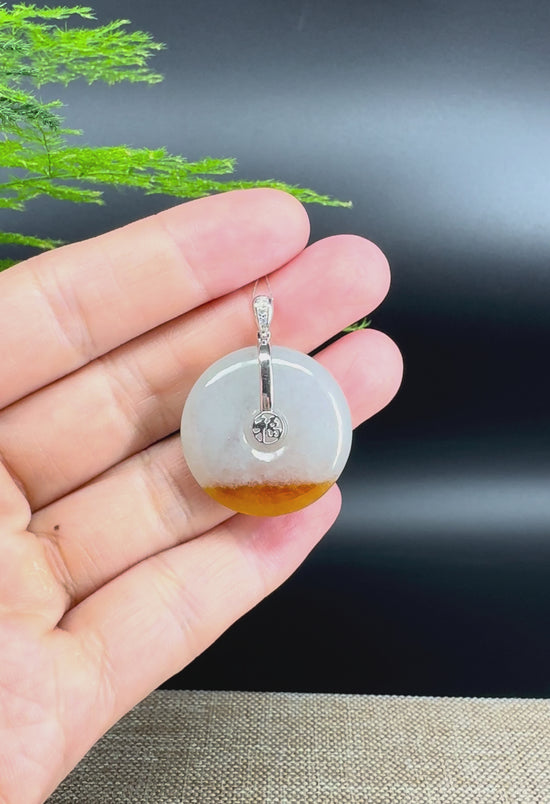 Load and play video in Gallery viewer, &amp;quot;Good Luck Button&amp;quot; Icy Yellow Jadeite Jade Lucky KouKou Pendant With 18K White Gold Bail
