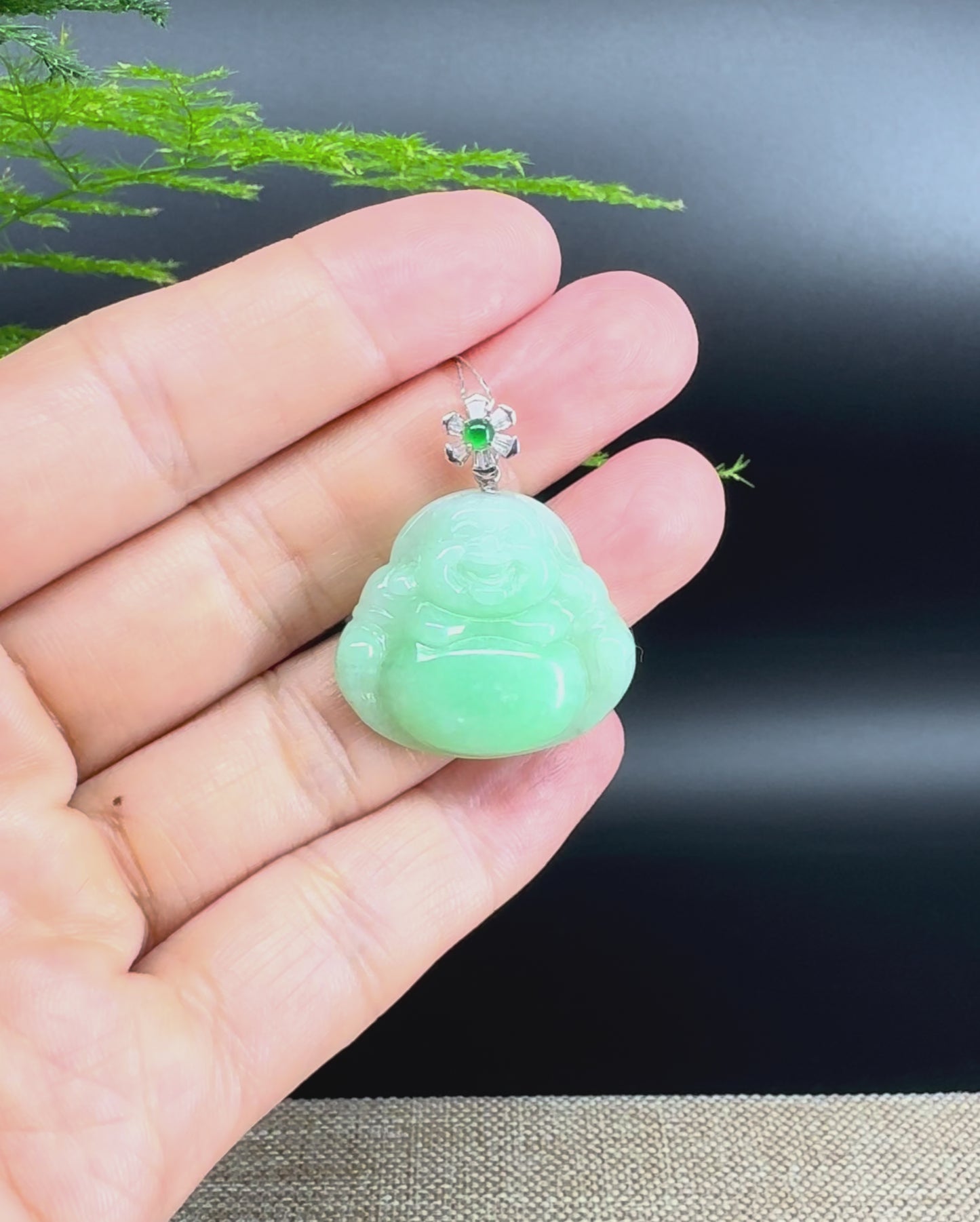 18K White Gold Burmese Green Jadeite Jade Happy Buddha Pendant