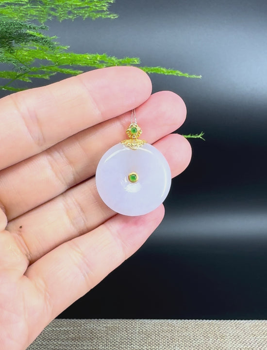 Load and play video in Gallery viewer, &amp;quot;Good Luck Button&amp;quot; Lavender Jadeite Jade Lucky KouKou Pendant With 18K Yellow Gold  Bail
