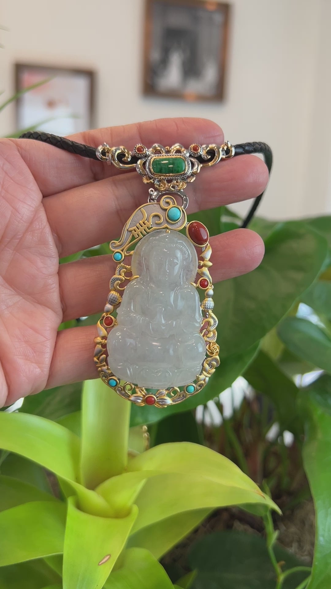 Load and play video in Gallery viewer, RealJade® Co. Genuine Burmese Ice White Jadeite Jade Guanyin Pendant Necklace
