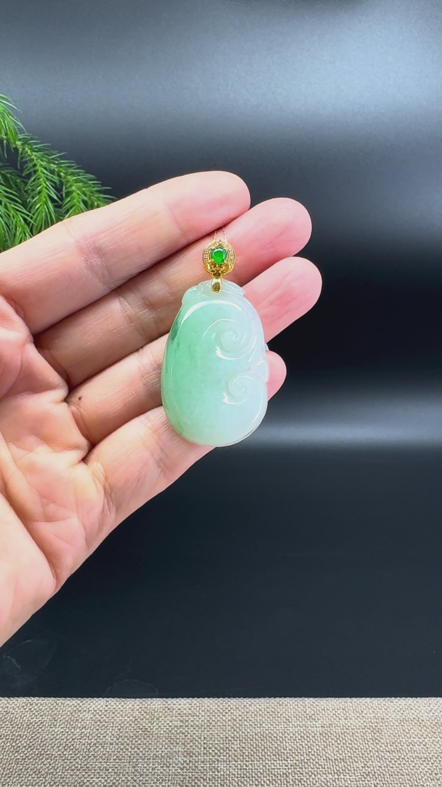 RealJade® Co. Genuine Burmese Green Jadeite Jade RuYi Pendant with 18k Yellow Gold Diamonds Bail