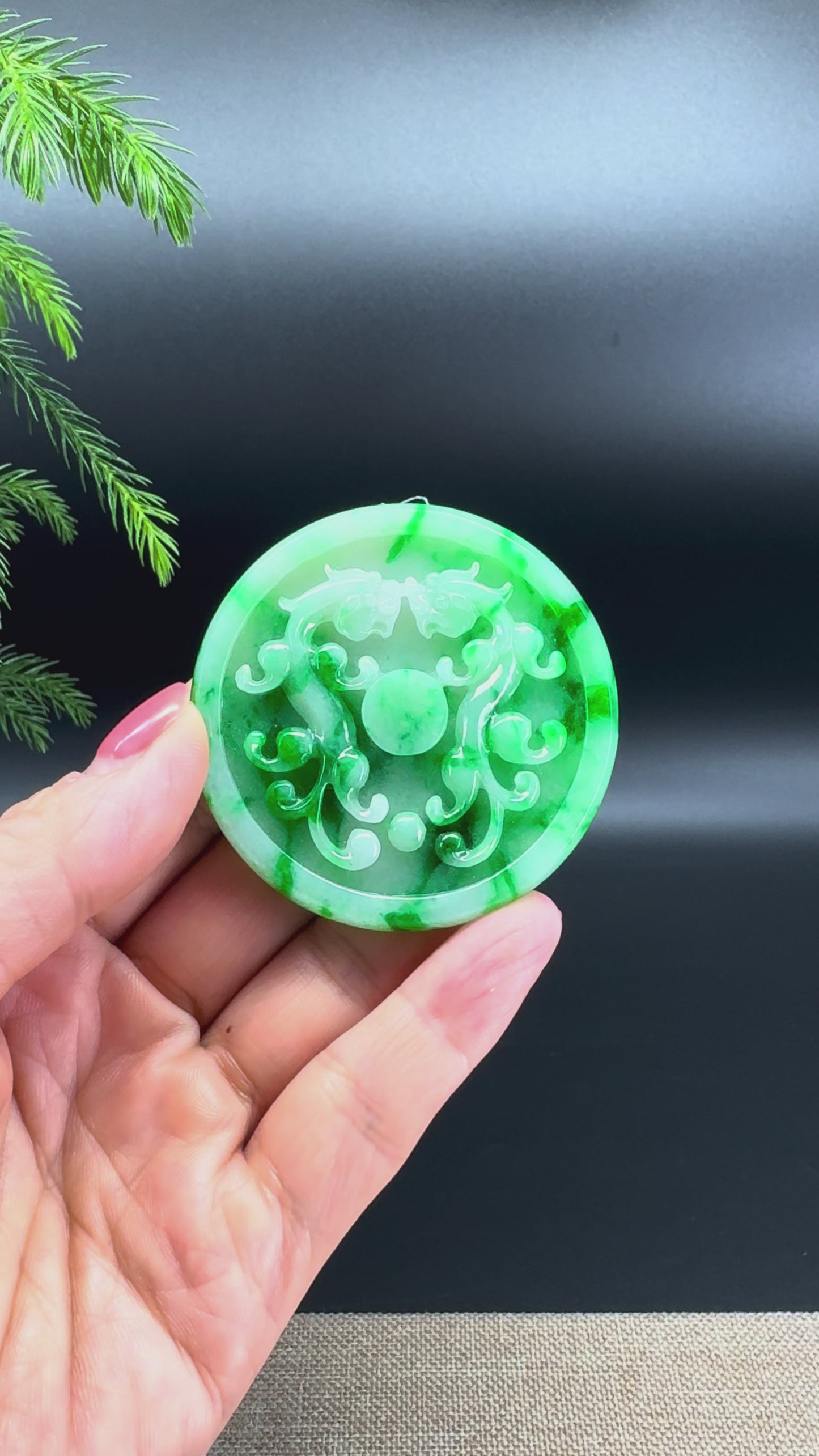 Load and play video in Gallery viewer, RealJade® Co. High Natural Spicy Green Jadeite Jade Double Dragon Round Pendant
