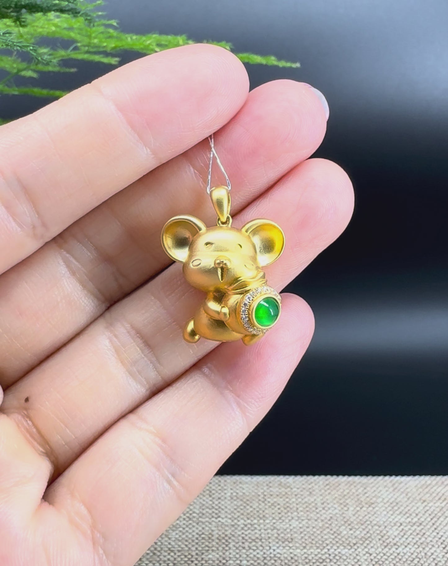 RealJade®  12 Zodiac: 18k Yellow Gold Rat Pendant Necklace with Green Imperial Jade & Diamonds