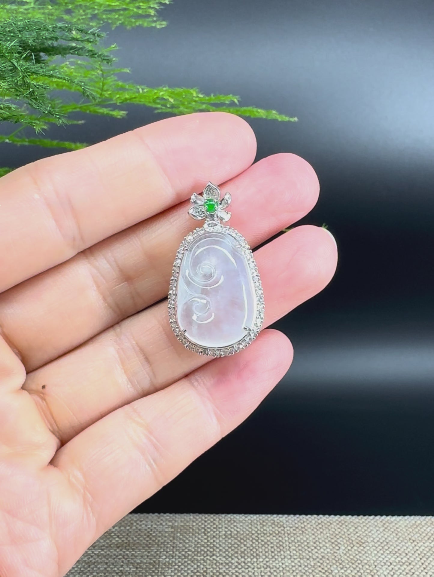 Load and play video in Gallery viewer, RealJade® Co. Genuine Icy Lavender Jadeite Jade Ru Yi Pendant with 18k White Gold Diamond Bail
