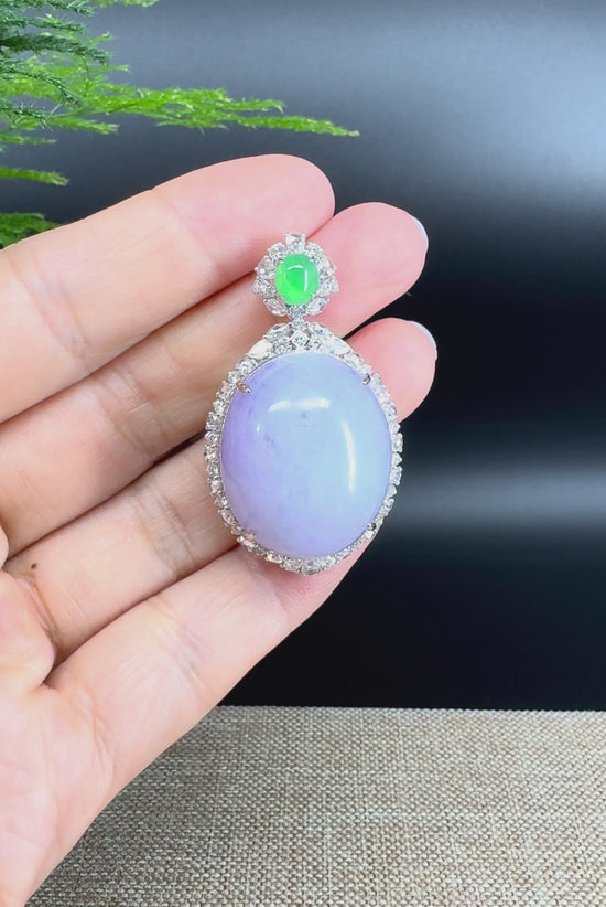 Load and play video in Gallery viewer, RealJade® Co. Luxury Genuine Lavender Jadeite Jade Cabochon Necklace With 18K White Gold Diamond Bail
