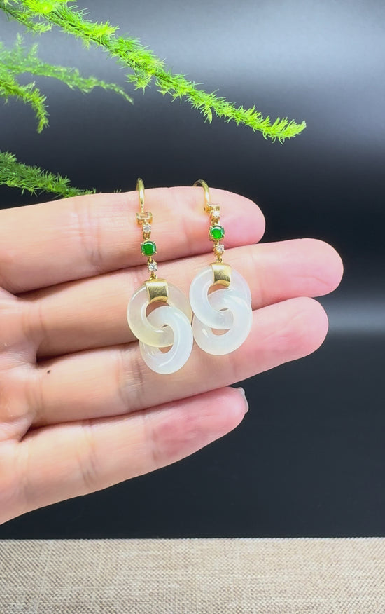 Load and play video in Gallery viewer, 18k Yellow Gold Genuine Icy Yellow Jadeite Jade Earrings With Diamonds
