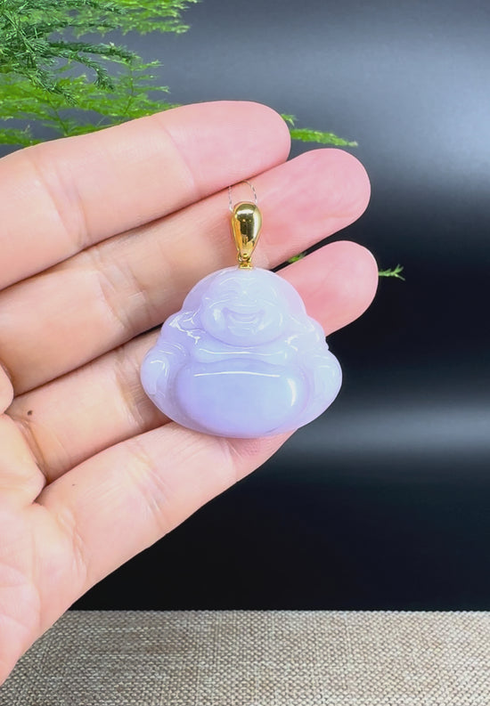 Load and play video in Gallery viewer, 18K Yellow Gold Burmese Lavender Jadeite Jade Happy Buddha Pendant
