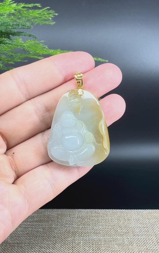Load and play video in Gallery viewer, 18K Yellow Gold Burmese Yellow Jadeite Jade Happy Buddha Pendant
