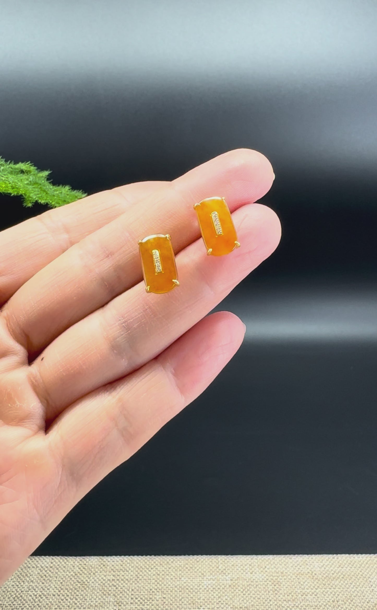 Load and play video in Gallery viewer, 18k Yellow Gold Genuine Red Koukou Jadeite Jade With Diamonds Stud Earrings
