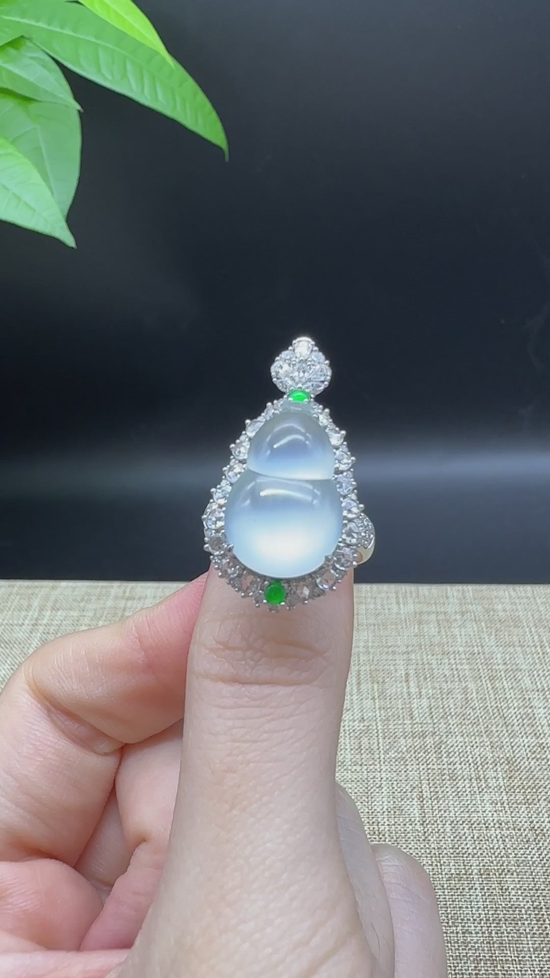Load and play video in Gallery viewer, RealJade® &amp;quot;Amelie&amp;quot; 18k White Gold Natural Ice Jadeite Hulu Ring With Diamonds
